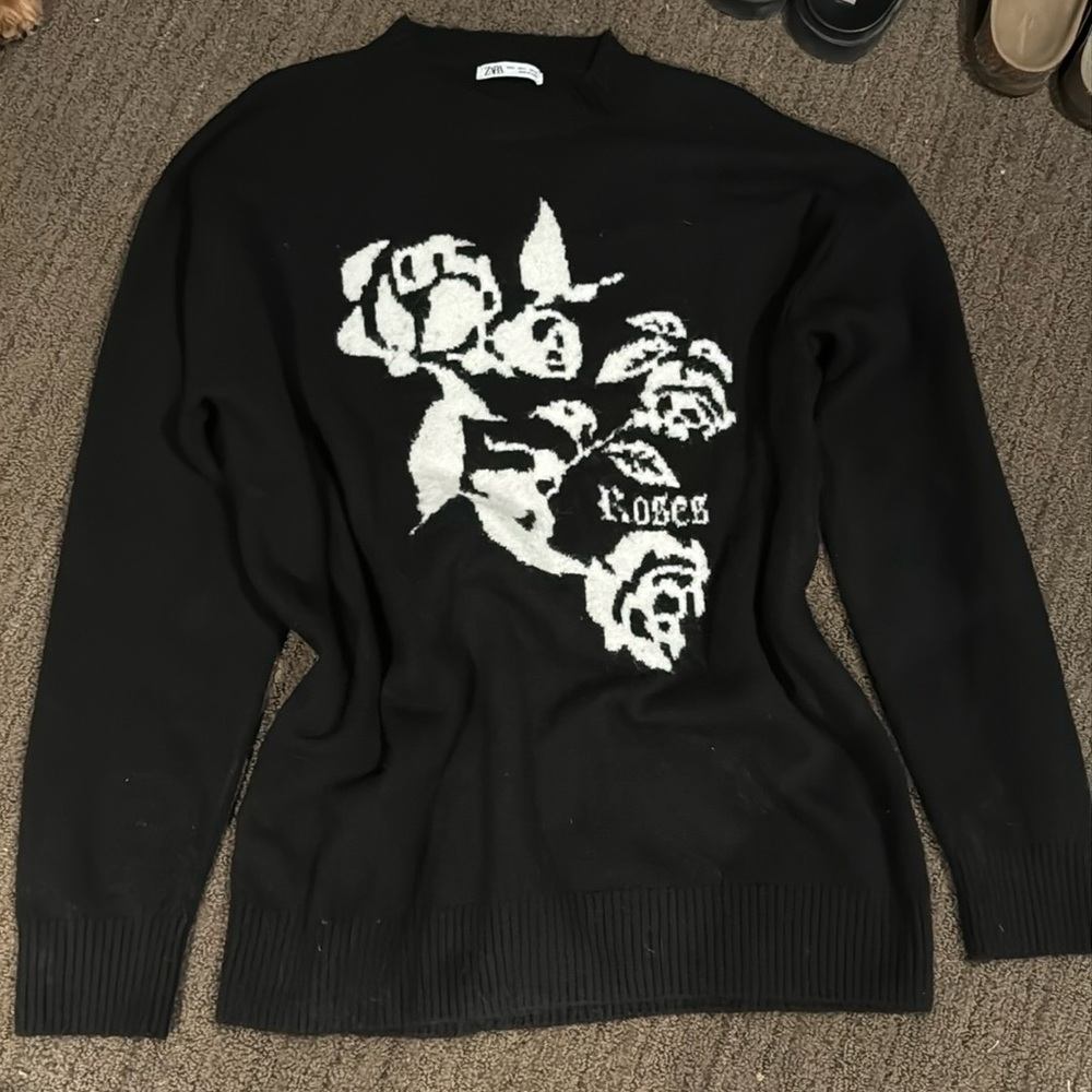 Zara sweater black with white roses detail size large